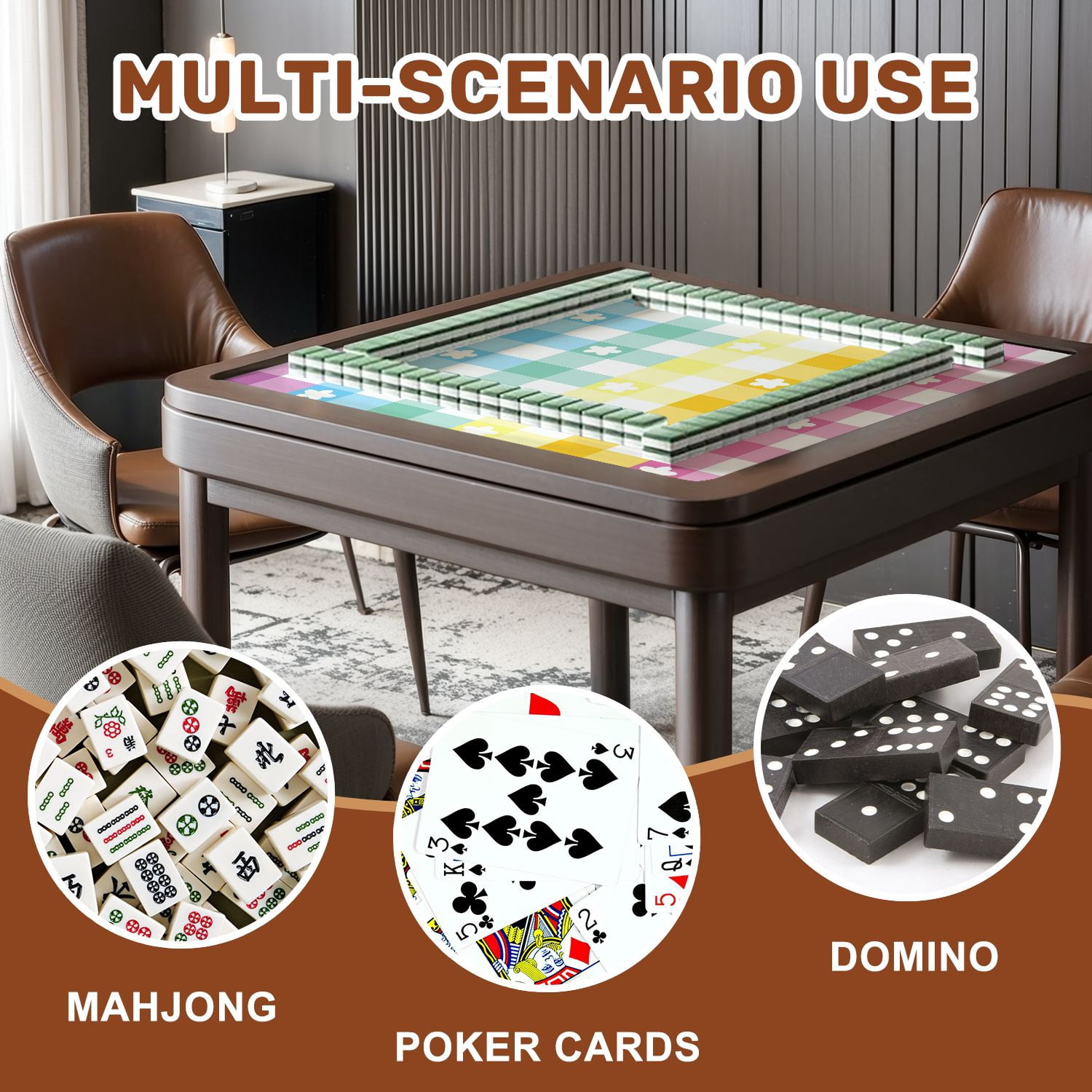 Mahjong Mat 31.5" x 31.5" Pastel Colored Checkered White Flowers Non-Slip Noise Reduction American Mahjong Tiles Table Cover for Dominoes Poker Card Board Games Gift