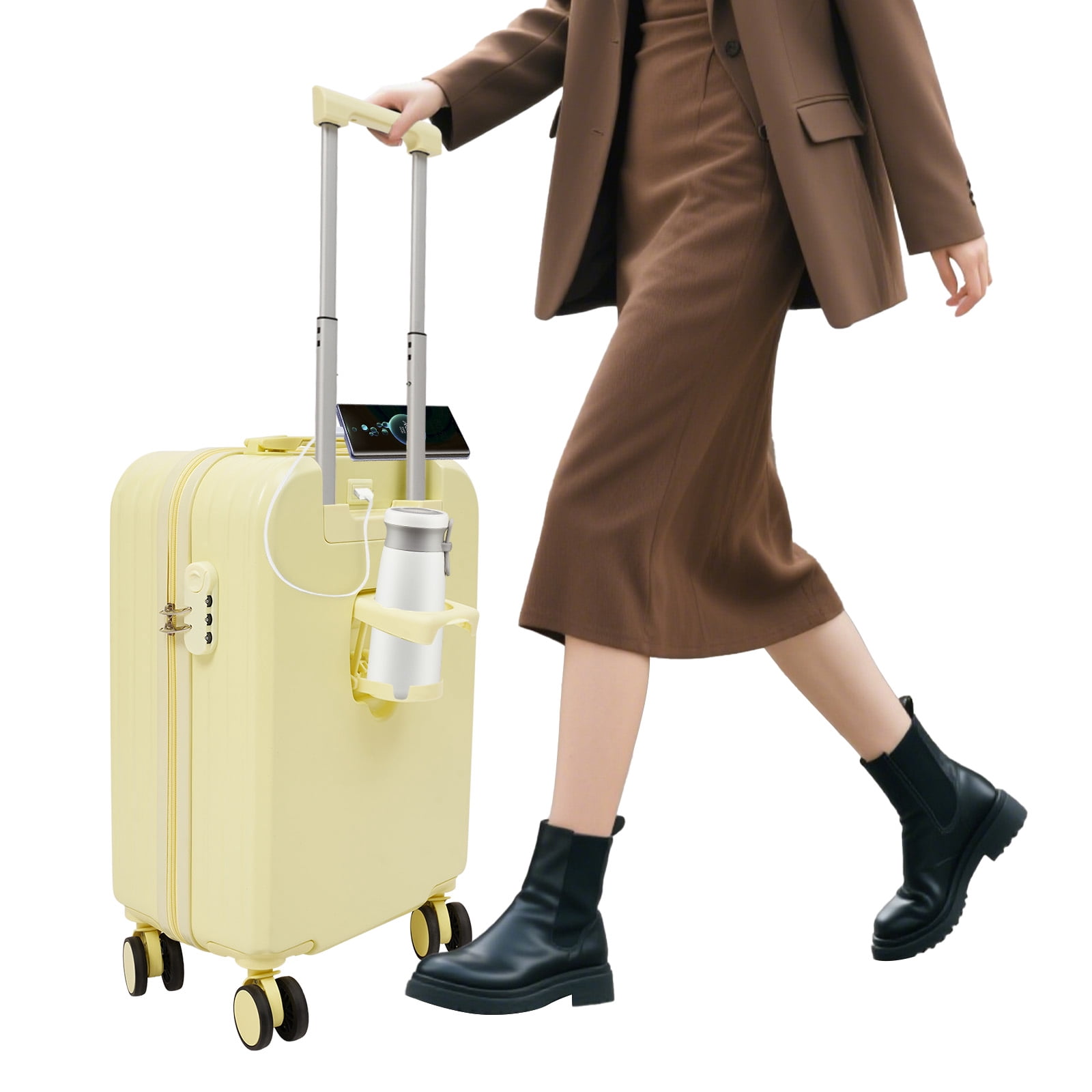 Yellow 20 inch Luggage Carry on Suitcase, 4 Wheels Hardshell Lightweight Rolling Suitcases Yellow with Cup Phone Holder and Charger Port