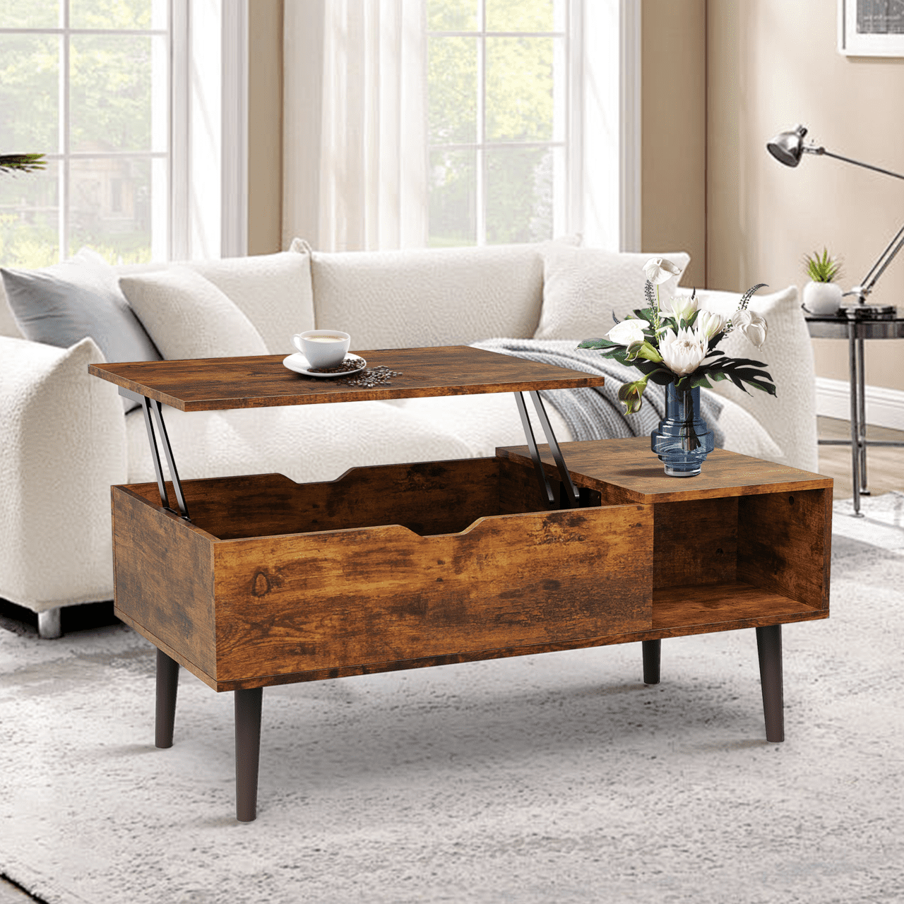 CONCETTA Modern Lift-Top Coffee Table for Living Room - Adjustable Height Convertible Center Table with Storage, Espresso Finish, Rust