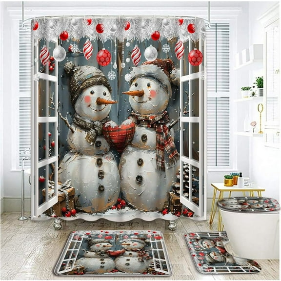 4 PCS Happy Snowman Shower Curtain Set with Rugs, Toilet Lid Cover ,Rustic Farmhouse Christmas White Window Pine Branches Xmas Ball Snowflake Berry Winter Holiday Bathroom Shower Curtain with Hooks