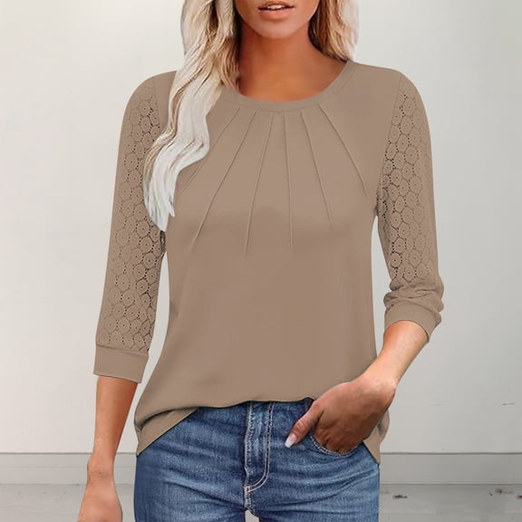 Womens Long Sleeve Tops V Neck Pleated Shirts Dressy Casual Blouses Fall Fashion Tunic Clothes 2025 T-Shirts Khaki M