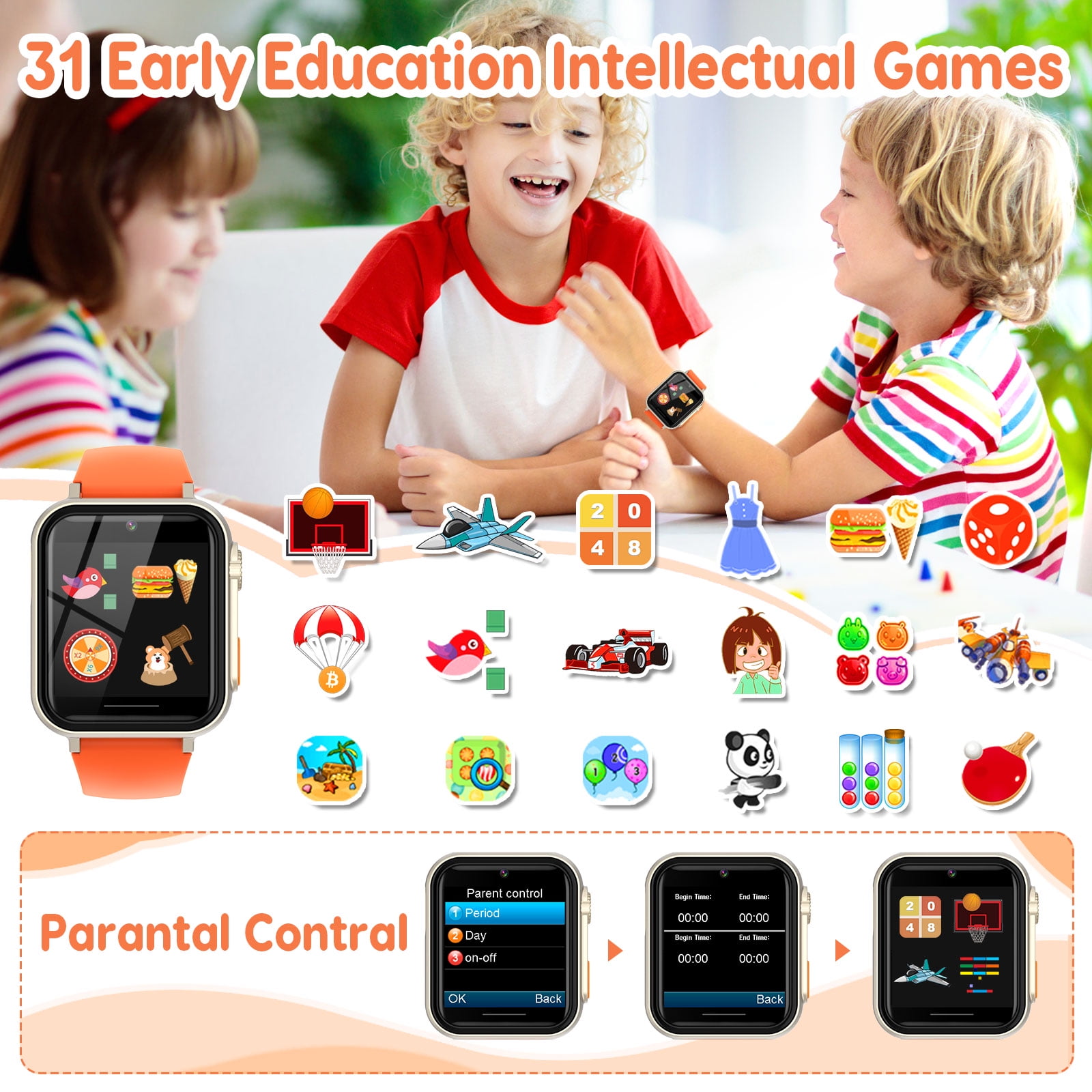 Eurhowing Kids Smart Watch Age 3-12, 31 Games, Learning Cards, HD Touch Screen, Camera, Music, Audiobook, Pedometer, Fun & Educational Birthday Gift Idea, Orange