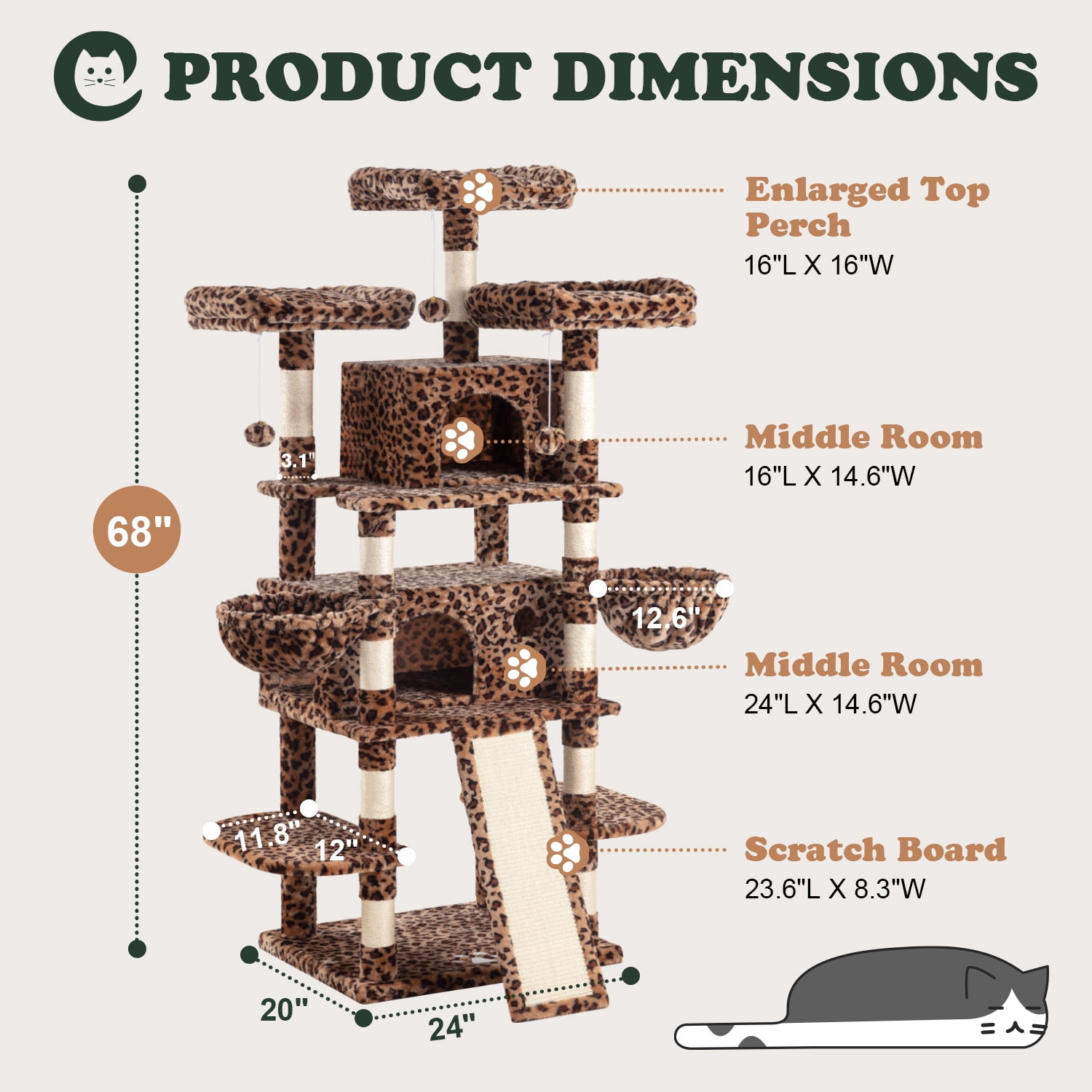 Amolife 68" X-Large Cat Tree and Tower for Indoor Cats, Condo House with Scratching Board & Thick Posts, Leopard Print
