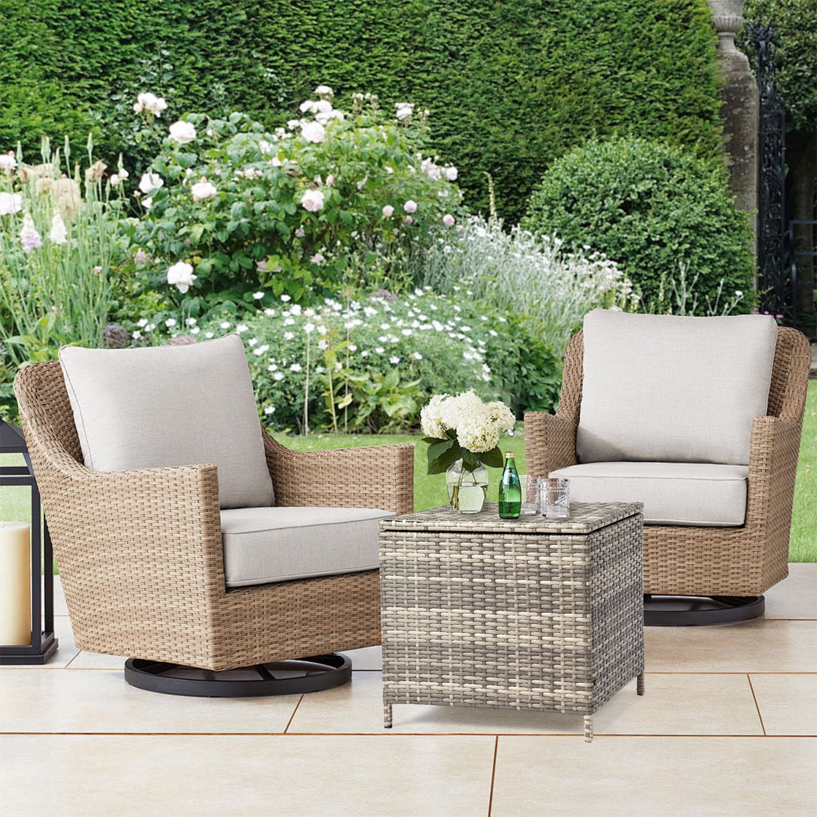 27-Gallon Outdoor PE Wicker Side Table with Storage, All-Weather, Dual-Function, Steel Frame, Grey