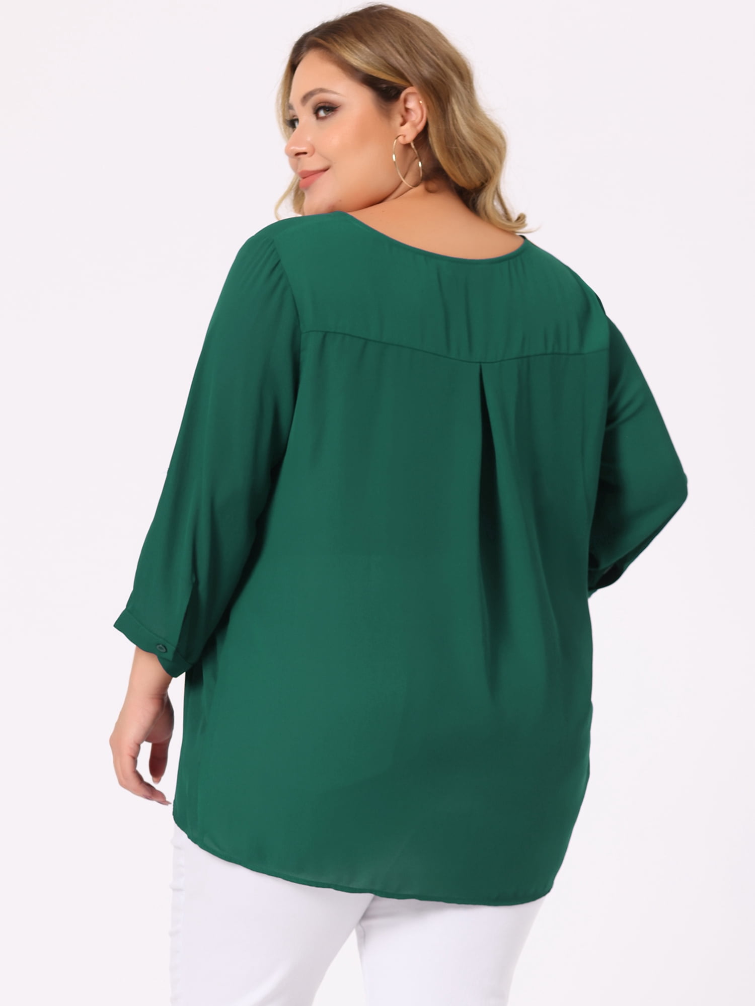 DARING DIVA Women's Plus 3/4 Sleeve Sheer Flowy Split V Neck Blouse 4X Green