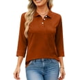 thumbnail image 4 of KDDYLITQ Womens Polo Shirts V Neck Button Down Work Tees 3/4 Sleeve Lapel Collar Dressy Shirts Baggy Causal Dressy Comfy Tops with Chest Pocket Ginger S, 4 of 5
