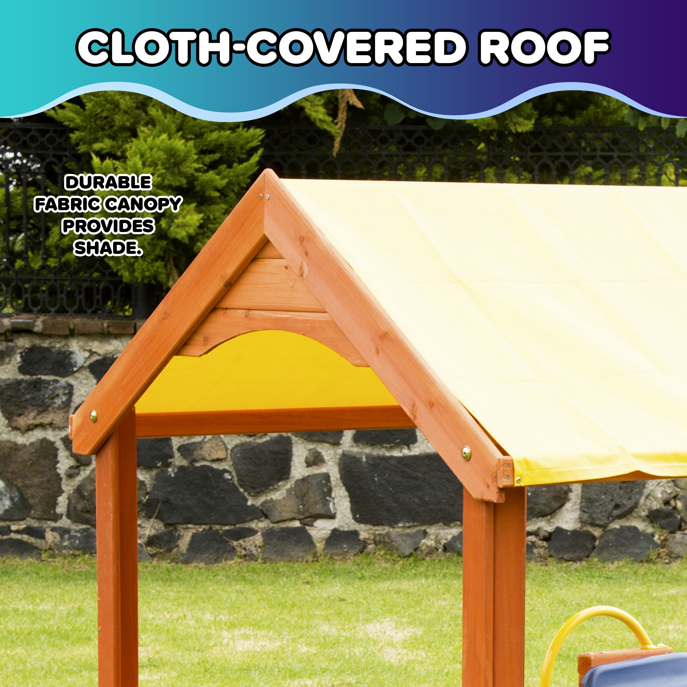 Sportspower Encinitas Wooden Playhouse with 4' Slide, Yellow Canopy & Table