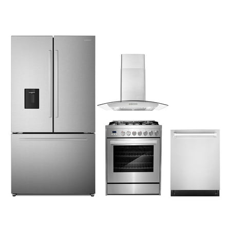 4 Piece Kitchen Package with 30  Freestanding Gas Range 30  Wall Mount Range Hood 24  Built-in Fully Integrated Dishwasher