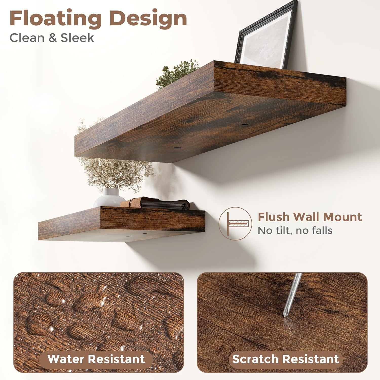 12 Inch Deep Floating Shelves with Invisible , Rustic Brown Engineered Wood Wall Mounted Storage for Kitchen Bedroom Living Room Decor and Organization, 48 inch Set of 1