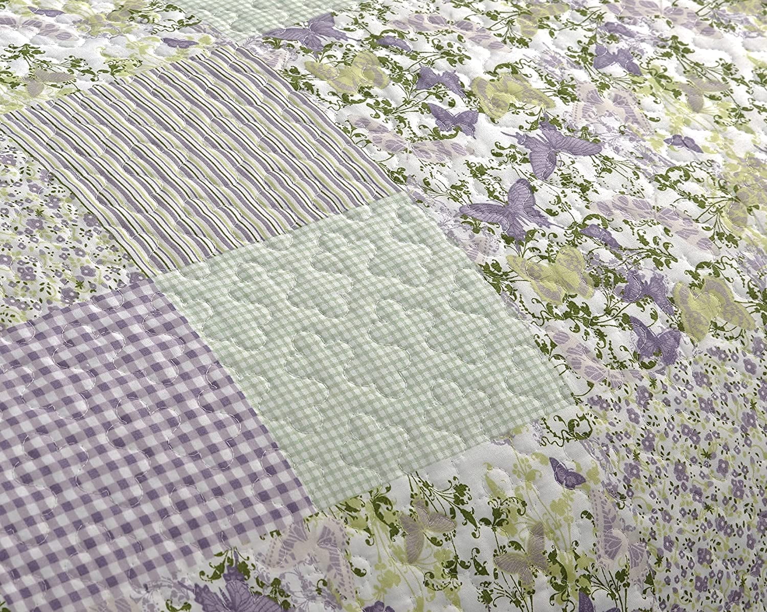Chezmoi Collection Daisy 3-Piece Printed Patchwork Quilt Set, Purple Butterfly Botanical Candy Stripe Checkered Coverlet, Pre-Washed Microfiber Lightweight Reversible Bedspread, Oversized King Size