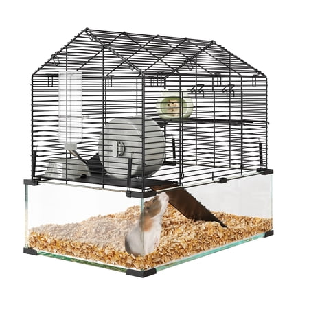 Large Hamster Cage with 7" Deep Tempered Glass Bottom, 3 Tiers Big Hamster Tank with Running Wheel, Hut, Water Bottle, Dish, Rat Cages for Syrian, Dwarf, Gerbils, Mouse, 22.83" x 15" x 21.25"