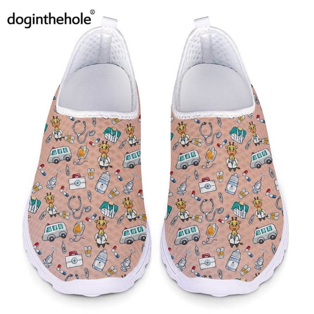 Zapatos planos con bonitos dibujos de enfermera para mujer, diseño de marca médica para mascotas, zapatillas de deporte de malla de aire de verano, mocasines casuales sin cordones con estampado veteri