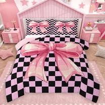 Homewish Dreamy Princess Bowknot Bedding Comforter Set for Kids, Black Pink Checkered Plaid Twin Comforter Sets, Kawaii Ribbon Reversible Bedding Set, Microfiber Bedroom Decor, 2-Piece