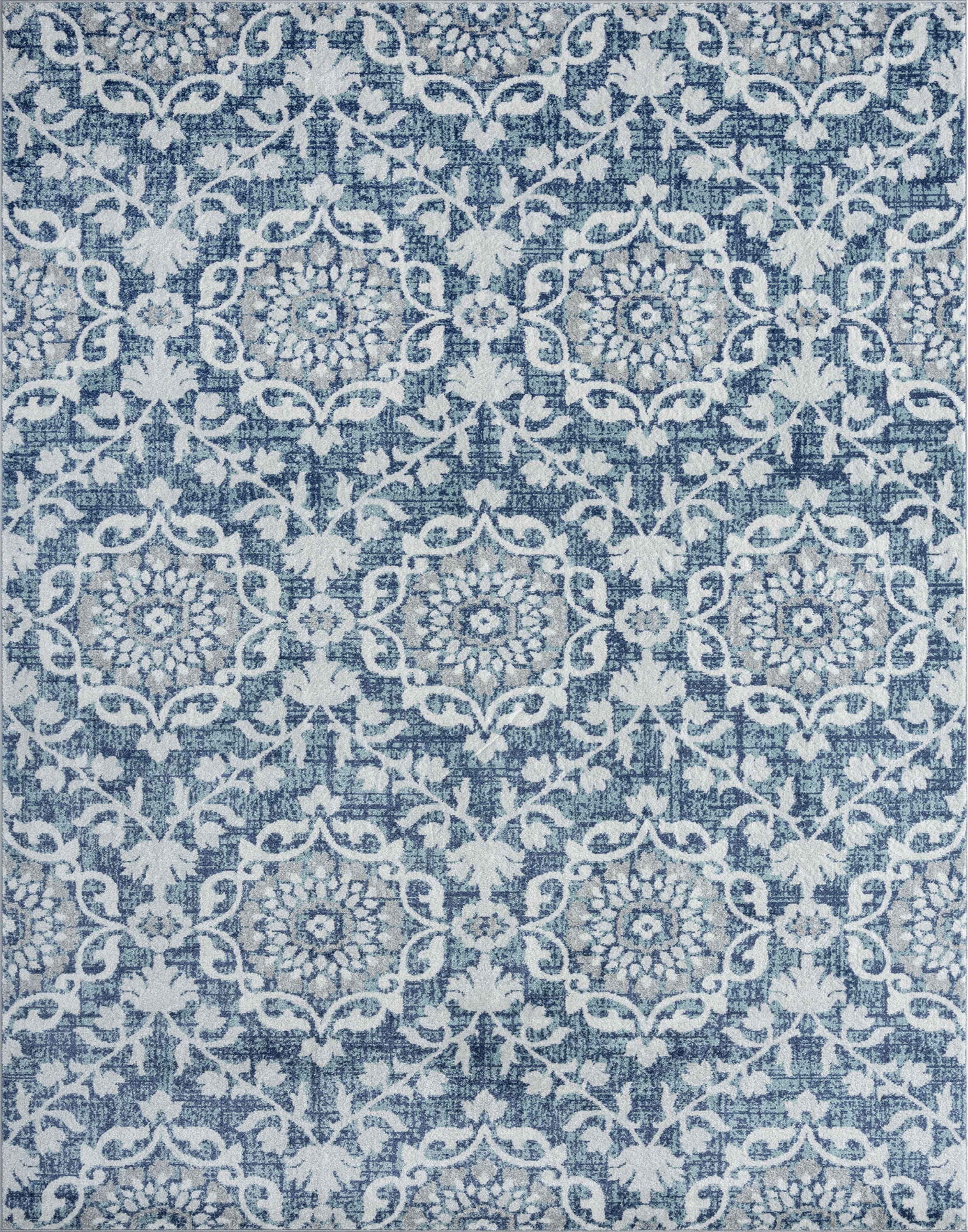 Transitional 4x6 Area Rug (4' x 5'3'') Floral Blue, Blue Indoor Rectangle Easy to Clean