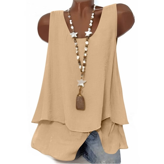 Hurxie Women V Neck Tank Tops Summer Sleeveless Tunic Casual Basic Shirts True Classic Tees Cute Trendy Clothes Khaki 2XL