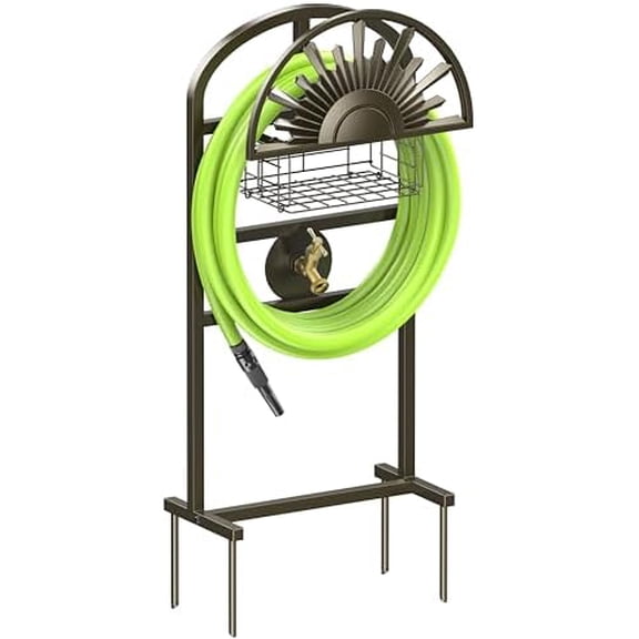 Garden Hose Holder with Brass Faucet, Freestanding Water Hose Stand with Storage Basket, Detachable Heavy Duty Hose Reel Hanger Holds 150-Feet Hose for Outside Patio Yard Lawn$$Garden & Patio