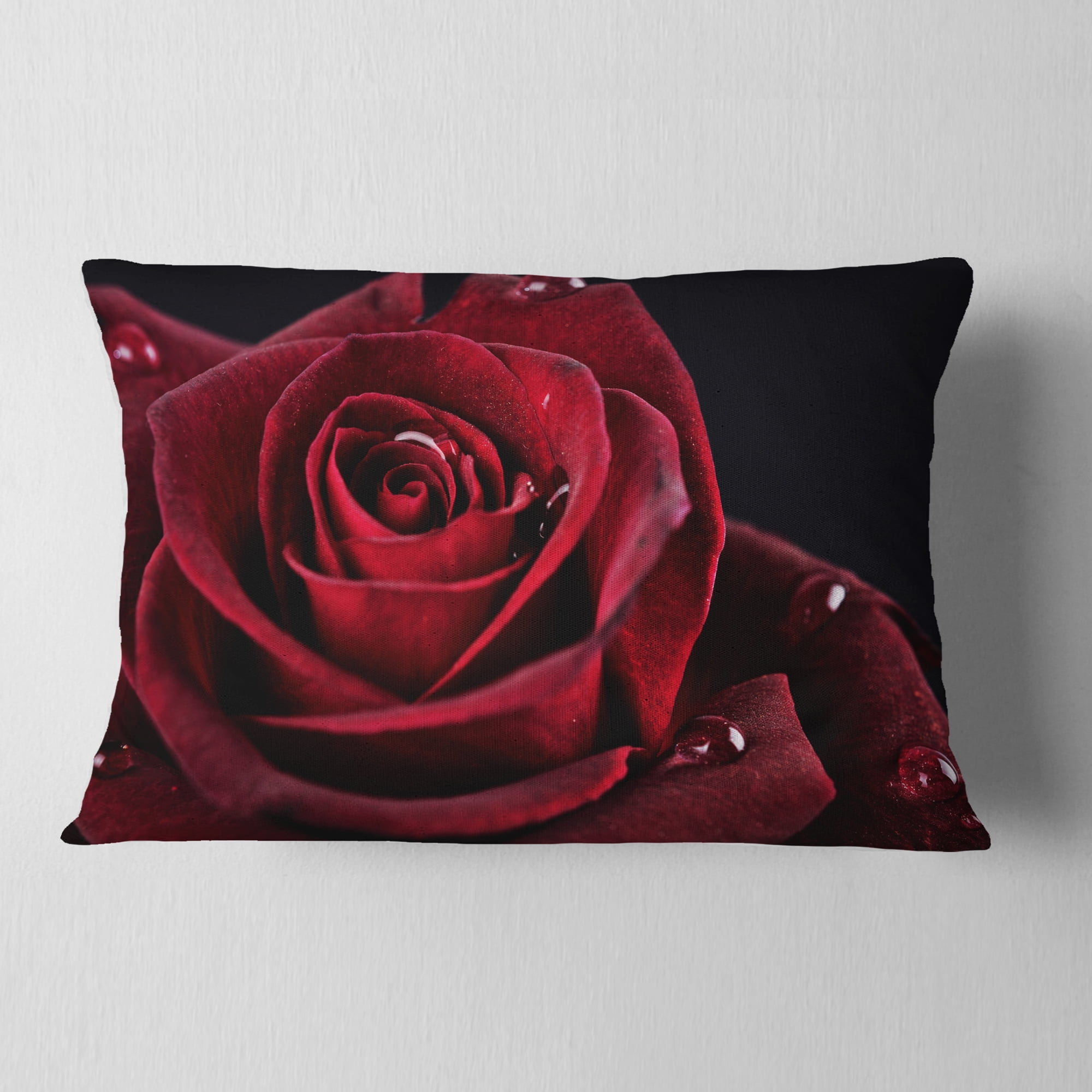 Designart Red Rose with Raindrops on Black - Flowers Throw Pillowwork - 12x20