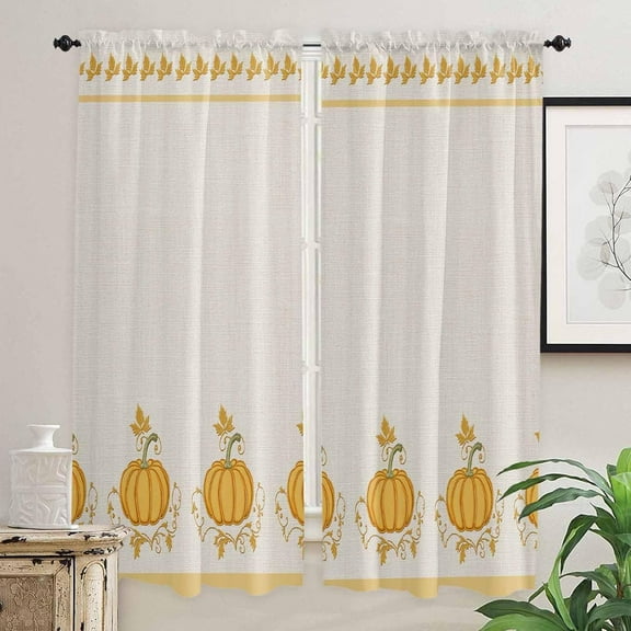 Orange Pumpkins Fall Kitchen Curtains 84 Inches Long, Thanksgiving Maple Leaf Burlap Rod Pocket Window Curtains Panels for Bedroom/Bathroom/Nursery, Light Filtering Treatment Curtains Drapes 52"x84"