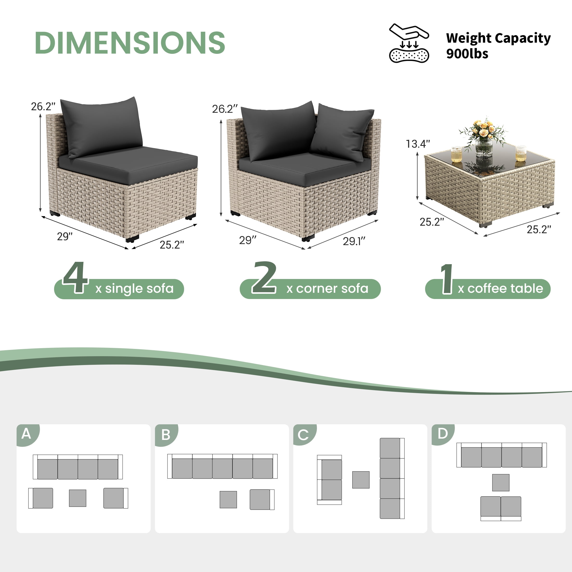 POTEBAN Patio Furniture Set, 7-Piece Outdoor Sectional All-Weather Wicker Patio Conversation Set for Backyard (Black Cushions with Gray Rattan)