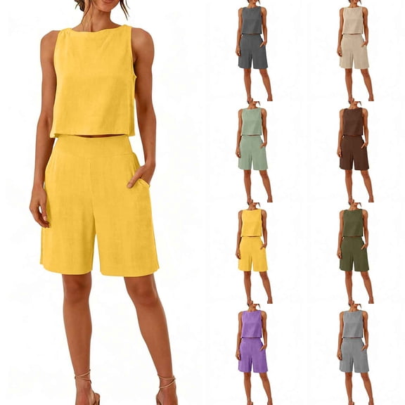 Horkkom Short Sets for Women 2 Piece Linen Solid Color Tank Tops High Waist Shorts with Pockets Summer Casual Vacation Sets L