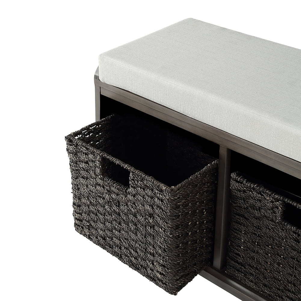 Private Jungle Homes Collection Wood Wicker Storage Bench with 2 Woven Baskets,Dark Gray Private Jungle Homes Collection Wood Wicker Storage Bench with 2 Woven Baskets,Dark Gray