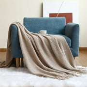 Fennco Styles Textured Knit Solid Fringe Throw Blanket 50" W x 60" L - Khaki Waffle Pattern Light Weight Blanket for Sofa, Couch, Living Room and Bedroom Dcor
