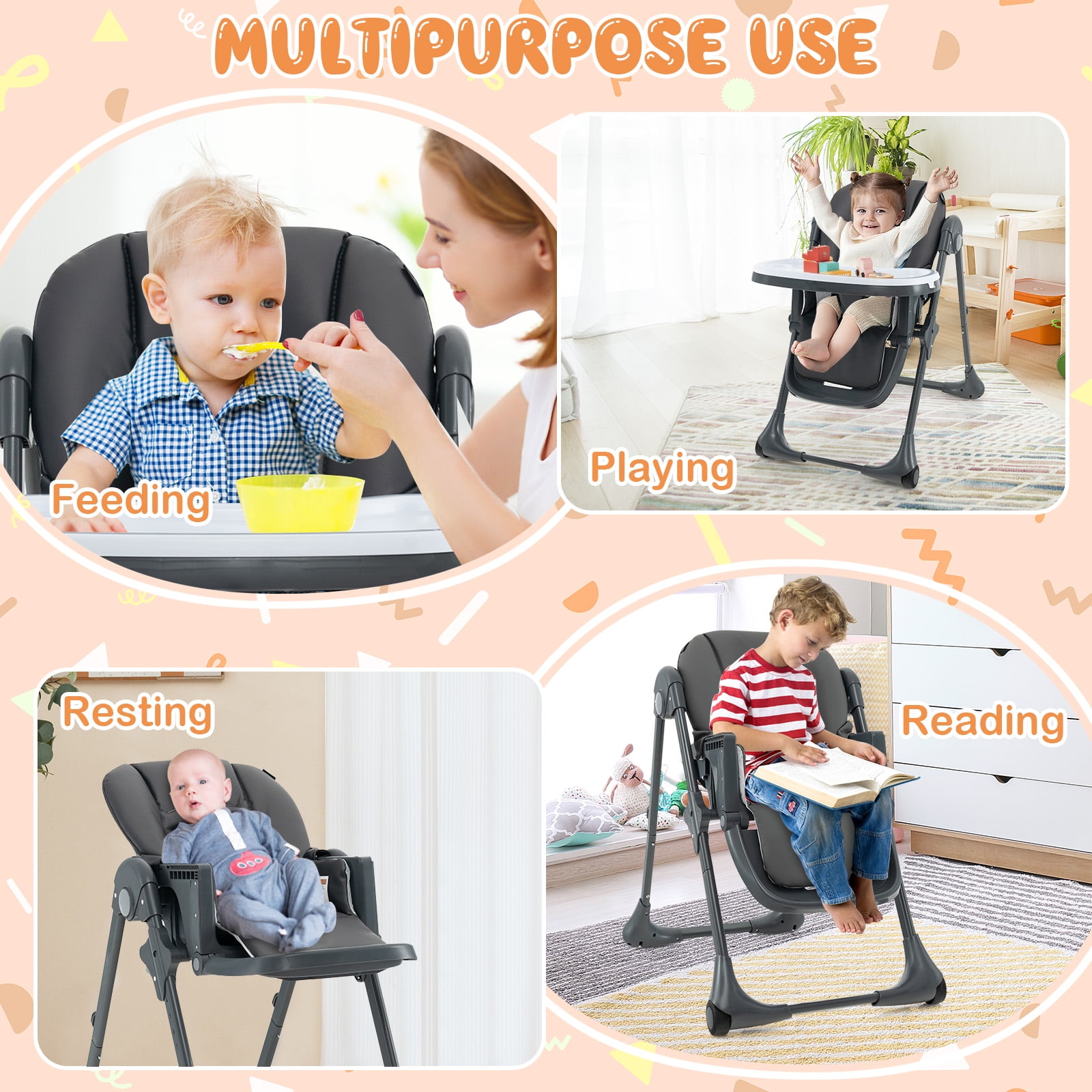 Infans Baby High Chair with 7 Height & 3 Footrest Adjustable Cup holder 2 Wheels