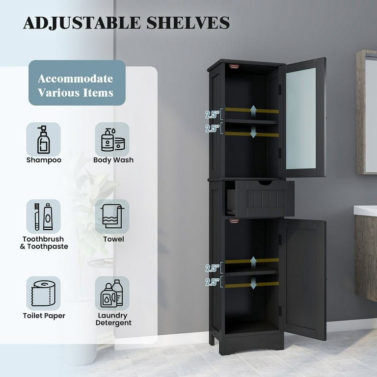 Costway Bathroom Tall Storage Cabinet Freestanding Linen Tower w/ Open  Shelves & Drawer