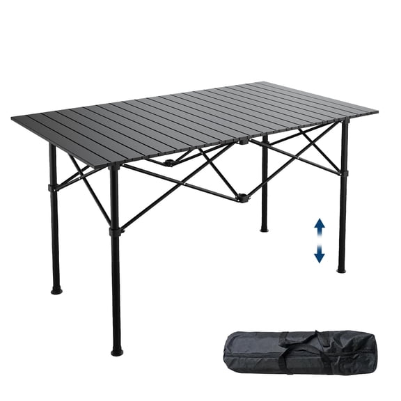 Adjustable Height Roll‑Top Camping Table, Aluminum Portable Folding Outdoor Picnic Table with Storage Carry Bag, Heavy Duty Foldable Table for Camping, BBQ, Beach, Tailgate Party, Backyard - Black