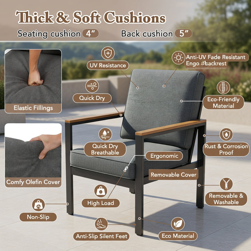 Hommoo Modern Aluminum Patio Armchair Set of 2 with Gray Olefin Cushions, Weather-Resistant, Easy Assembly for Balcony, Backyard & Poolside, Gray