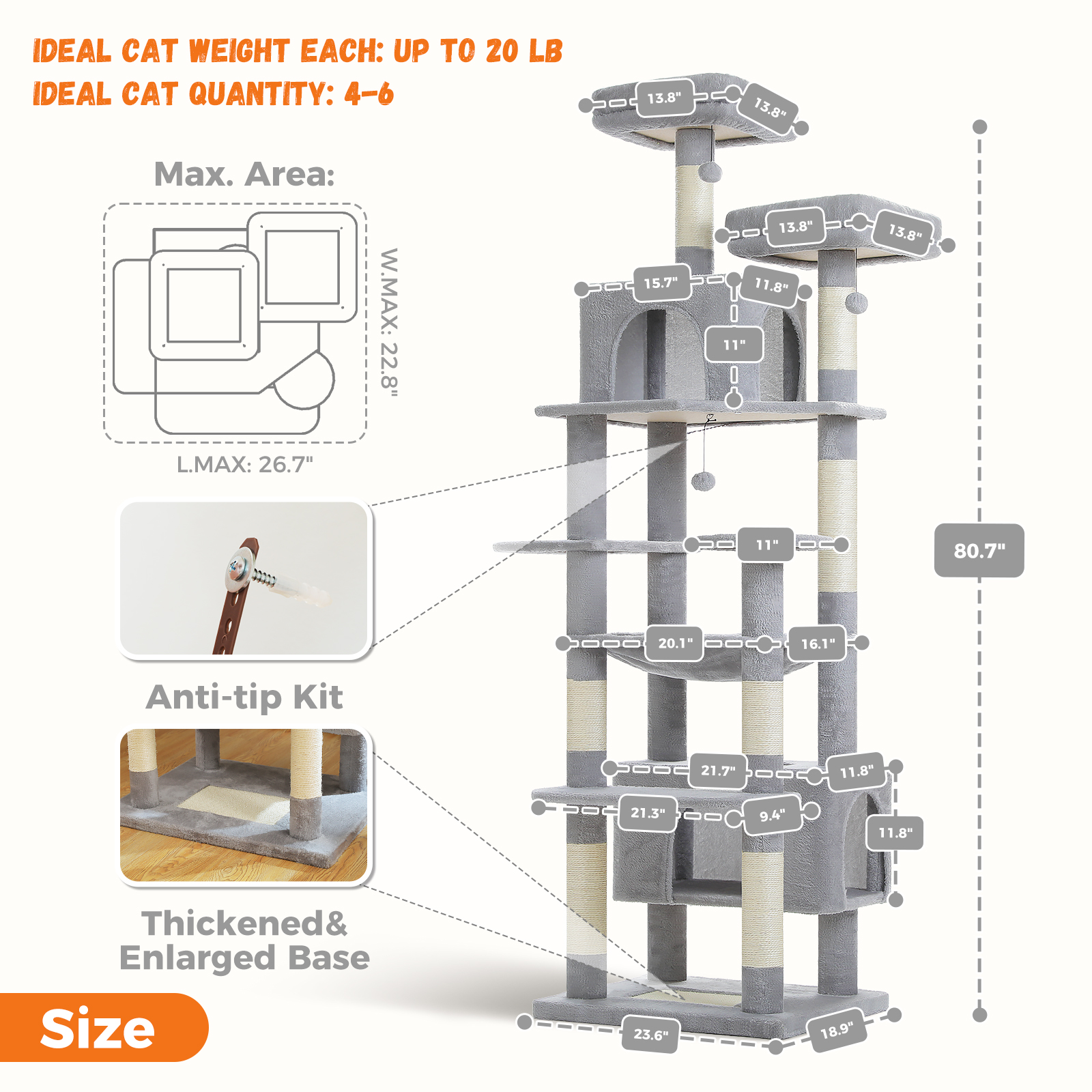 PEQULTI 81"Extra Large Cat Tree for Indoor Cat Tall Cat Tower with 7 scracthing posts Gray