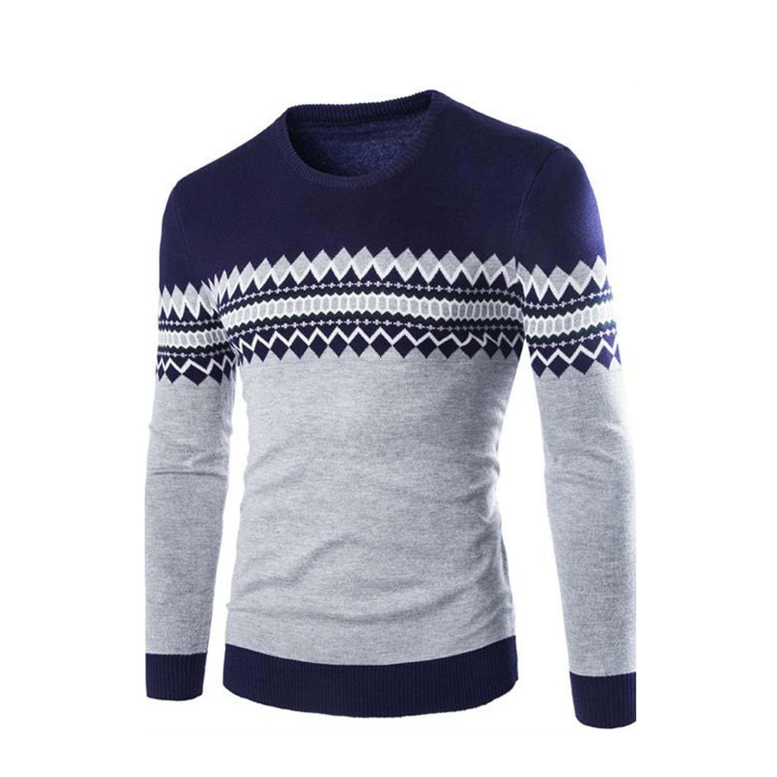 ZCFZJW Fair Isle Sweater Men Casual Round Neck Pullover Sweaters