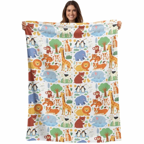 Flannel Fleece Throw Blanket Cartoon Watercolor Zoo Animals Lightweight Soft Plush Blankets,Cute Lion Tiger Monkey Bear Cozy Warm Throw Blanket for Couch Sofa Bed Car Office 40x50in