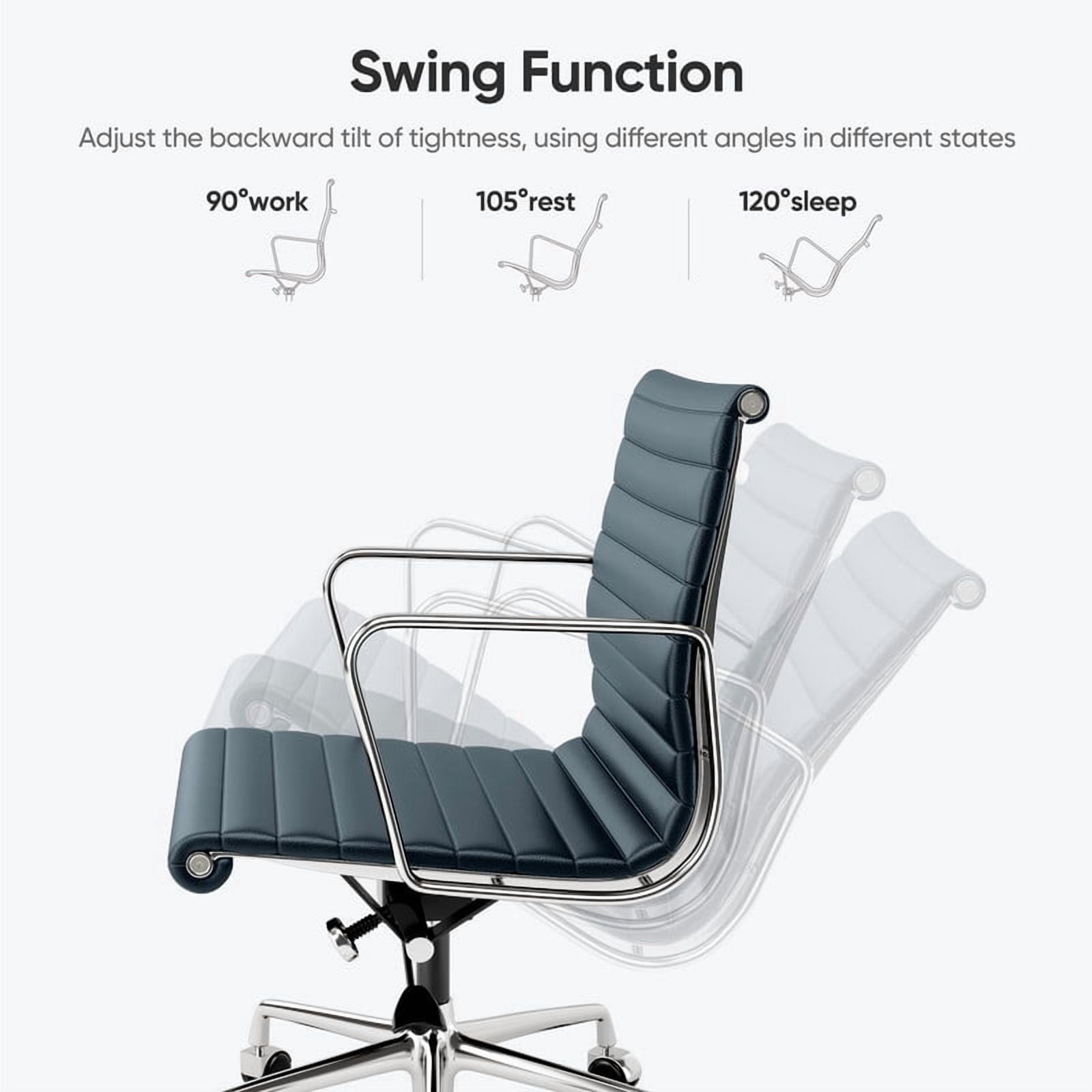 Cottinch Ribbed Office Chair Mid Back Genuine Leather Ergonomic Desk Chair with Arms, Adjustable Height Executive Conference Task Chair Swivel Chair for Home Office, White