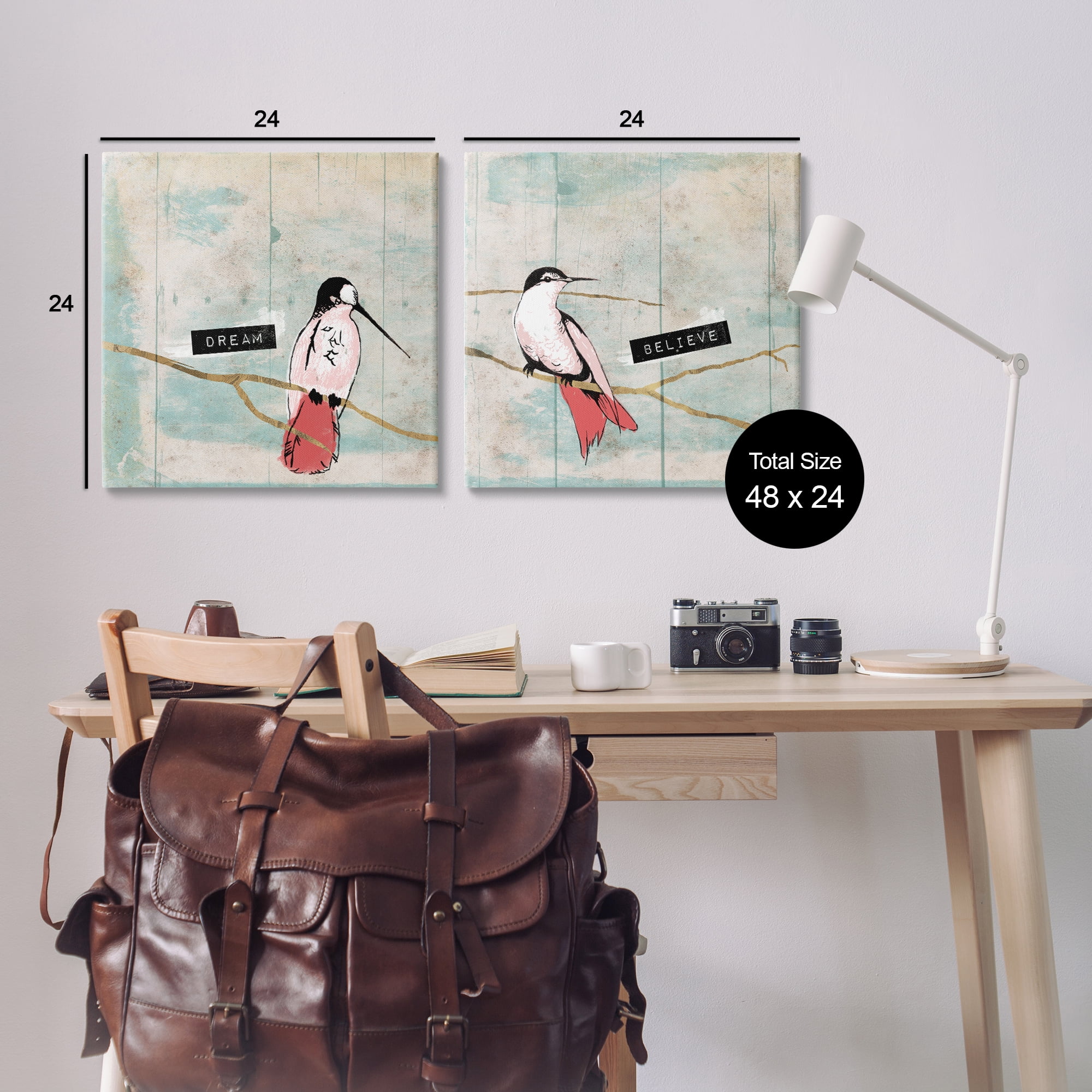 Stupell Industries Dream Believe Hummingbird Branch Animals Painting Wrapped Canvas Art Print Wall Art, 24 x 24, Set of 2