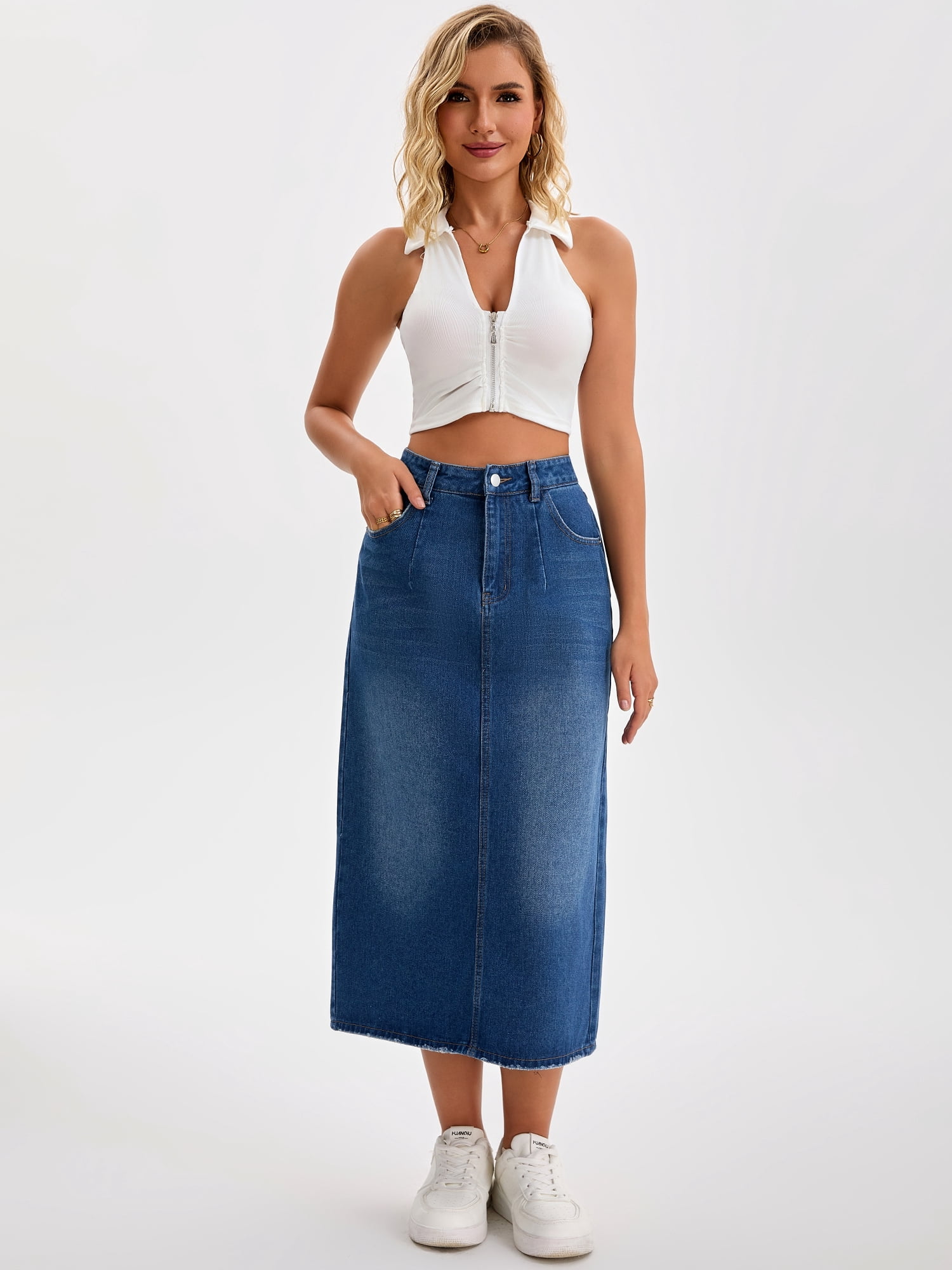 DARING DIVA Women's Denim Split Back Pockets Pencil Midi Jean Skirts Small Dark Blue