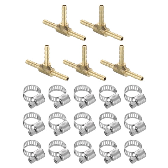 5pack Brass Tee Barb Fittings, 3-Ways Tee 5/32" x 5/32" x 5/32" Barbed, with 15pack Hose Clamps