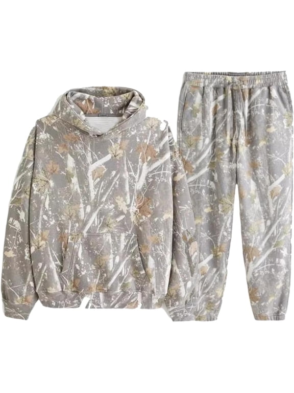 Camo Sweatsuits for Women Maple Leaf Print Oversized Hoodie Camo Fleece Sweatpans Lounge Sets Fall Winter Outfits