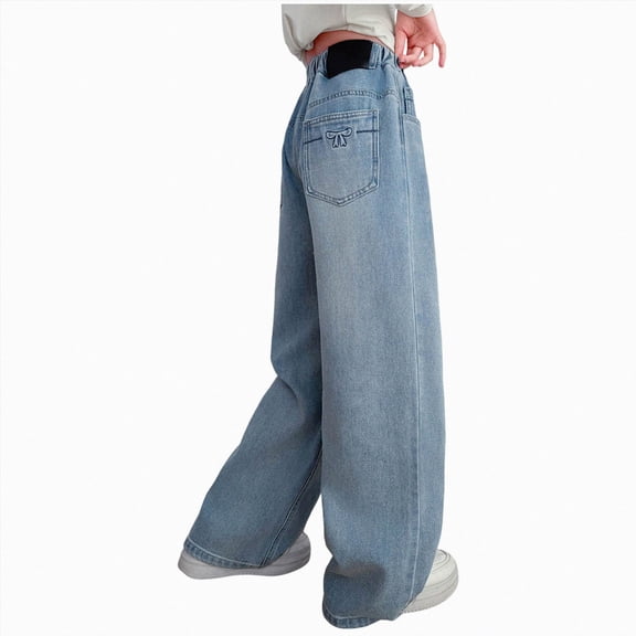 TOWED22 Girls Jeans Baggy Cute Jean Kids Y2K Denim Pants with Pockets High Waisted Embroidered Trousers for Teens,Light Blue,15-16 Y