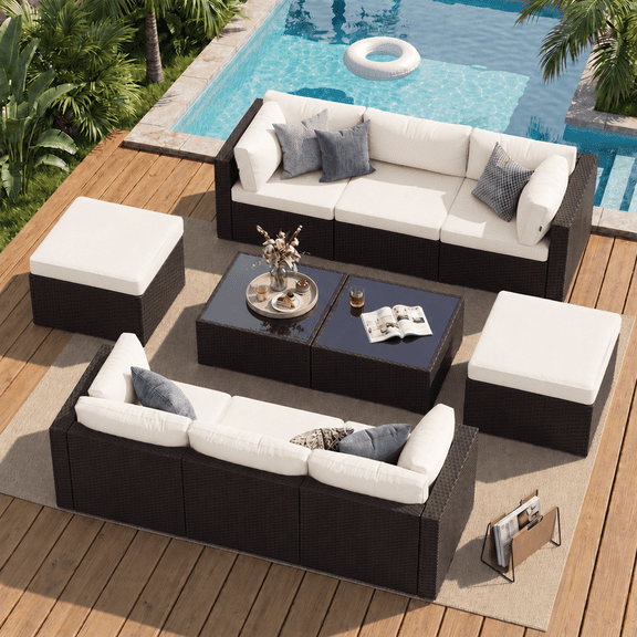 Dateyes 10 Pieces Patio Furniture Set, All-Weather Wicker Rattan Patio Sectional Sofa Set with Coffee Table and Waterproof Cover(Off-White)
