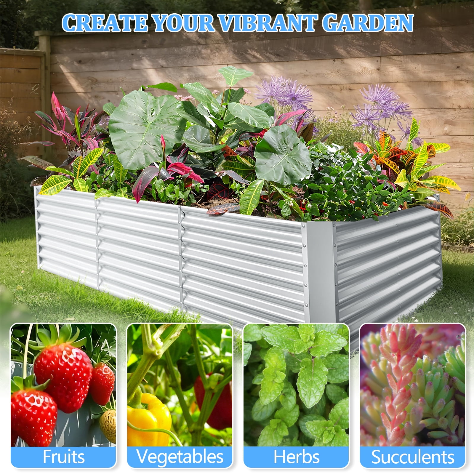 EVGTTI  8x4x2ft  Metal Galvanized Raised Garden Bed for Vegetables Flowers Ground Planter Box