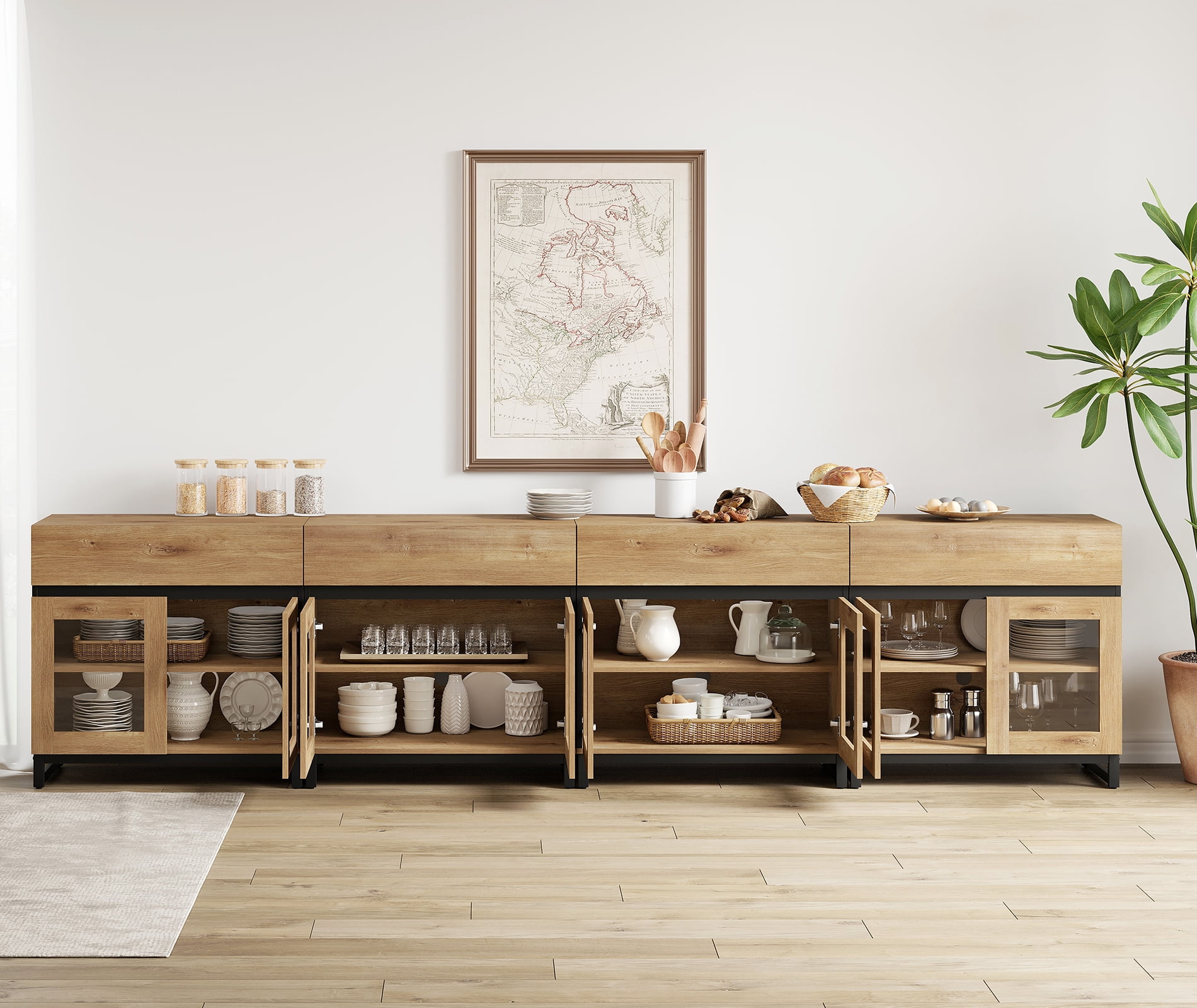 WAMPAT Modern TV Stand with 3 Tiers Bookshelf, Farmhouse Entertainment Center with 4 Drawers and Adjustable Shelf, Wooden Media TV Console with Glass Doors for Living Room, Oak