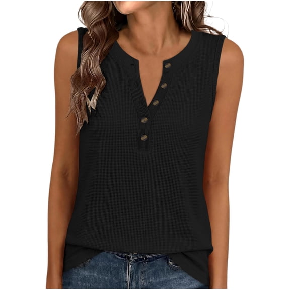 Jerdar Tank Tops for Womens Casual Henley Shirts Summer Beach Vacation Sleeveless Clothing Faux Buttons Ladies Outfits L