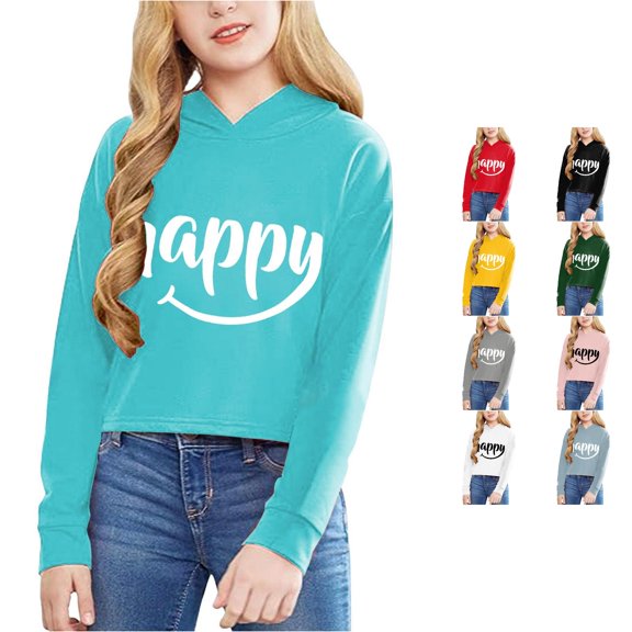 Zylarhe Girls Pullover Children Girls Long Sleeve Letters Solid Color Short Hoodie Top for Large Children with Soft Comfortable Feel Sky Blue 4-5 Years