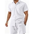 thumbnail image 4 of Men 2 Piece Outfit Solid Short Sleeve Button Shirt and Drawstring Shorts Summer Casual Set White S, 4 of 7