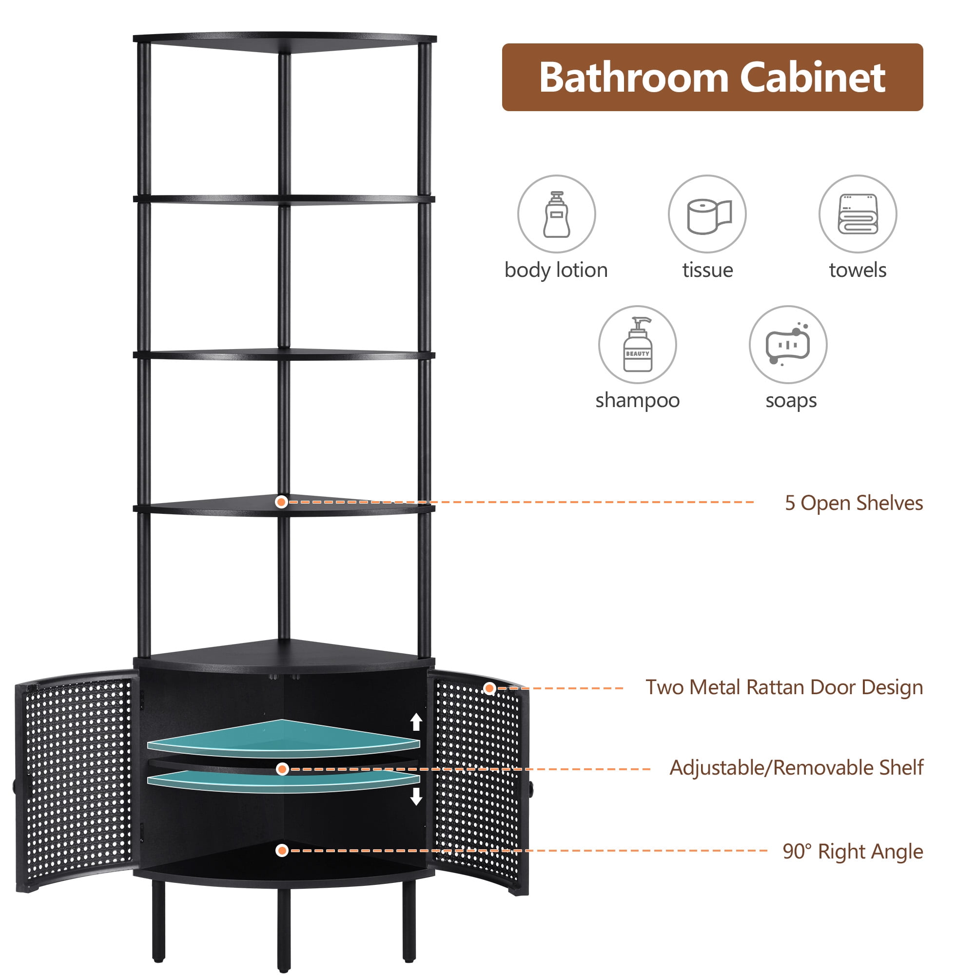 YOCWO 67" Tall Corner Bookshelf with 4-Tier Display Shelves and 2 Door Storage Cabinet, Metal Rattan Door Design, Black
