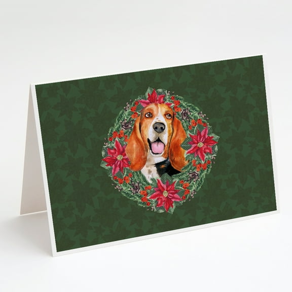 Basset Hound Poinsetta Wreath Greeting Cards and Envelopes Pack of 8