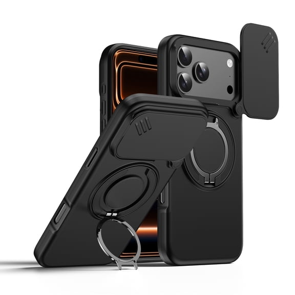 ELEHOLD for iPhone 17 Pro Max Magnetic Case,Shockproof Rugged Kickstand Drop Protection Phone Case With Sliding Lens Cover,Black
