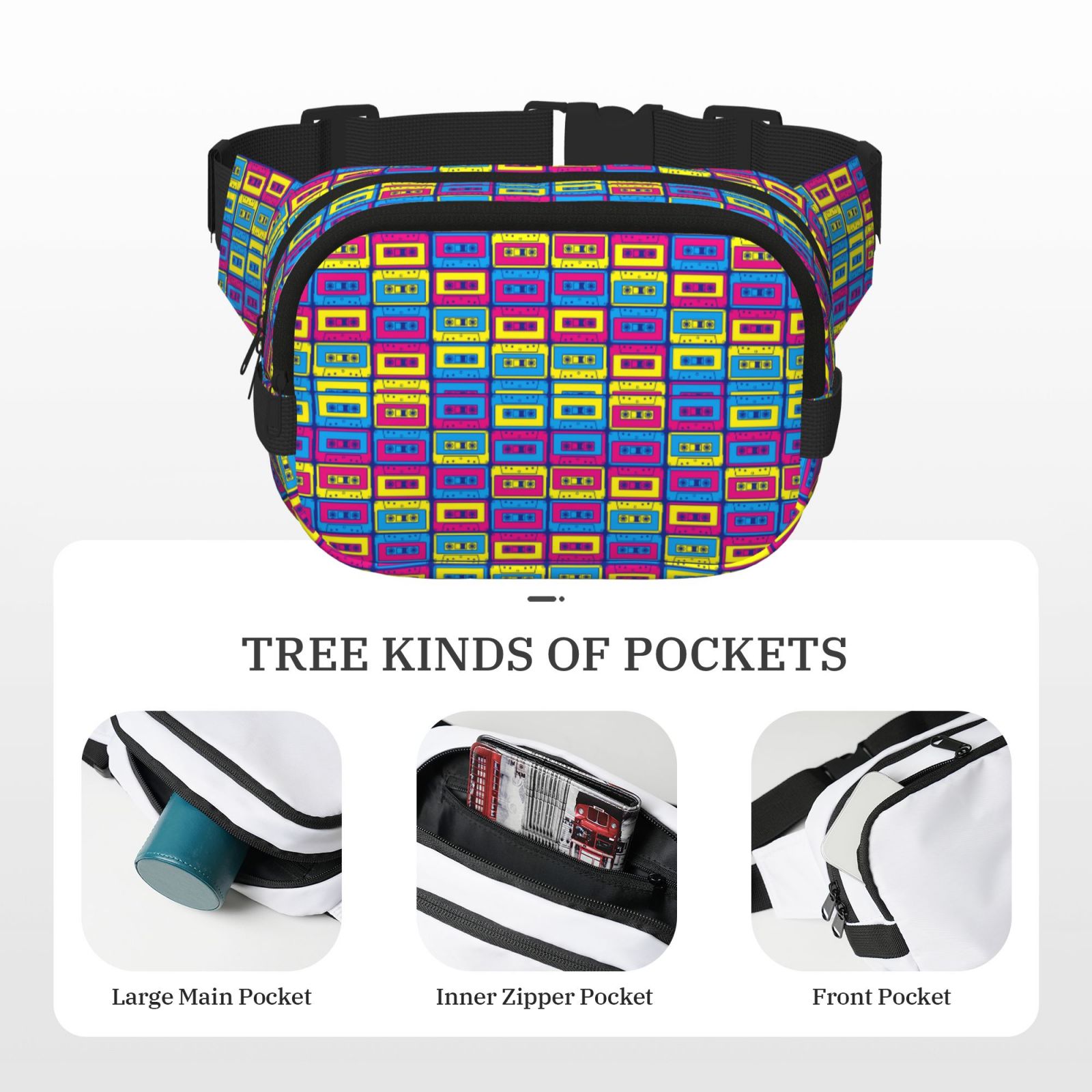Picia Cassette Tapes Print Square Double-Layer Waist Bag Mini Adjustable Waist Belt Bag Exercise Running Travel Hiking