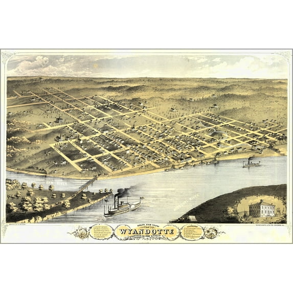 24"x36" Gallery Poster, Birdseye view map of Wyandotte, Kansas 1869